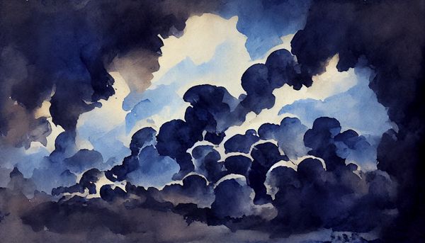 watercolor of angry dark blue cumulus clouds