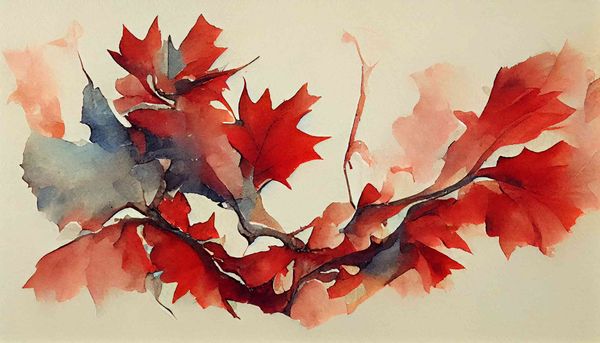 watercolor of red maple leaves on a tree