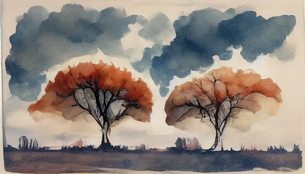 watercolor of two sad trees that have lost most of their leaves with clouds in the background