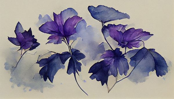 watercolor purple flowers with blue leaves