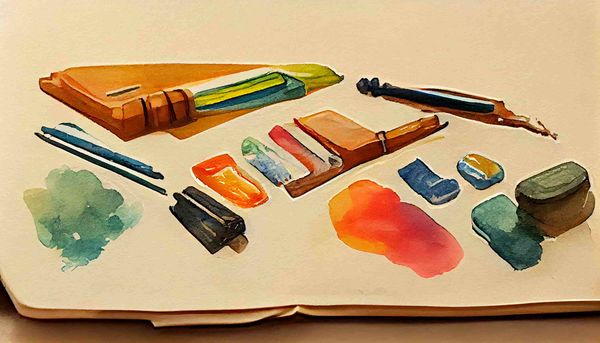 watercolor school supplies on a small desk