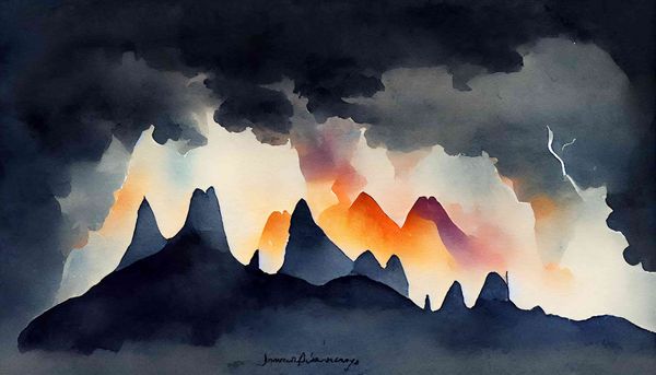 watercolor silhouette of mountains with lightning