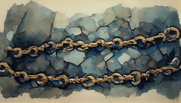 watercolor of broken metal chains on a harsh blue floor