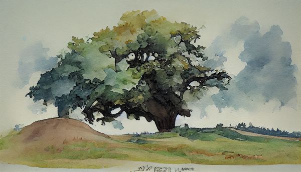 watercolor of a large sheltering oak tree at the top of a country hill