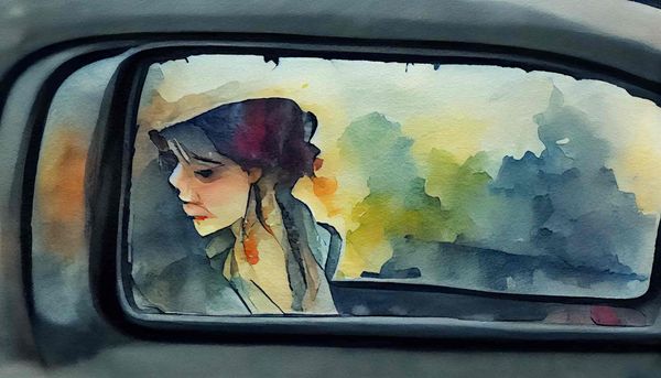 watercolor of a young woman staring out of the window on the passenger side of a car with tears rolling down her cheeks