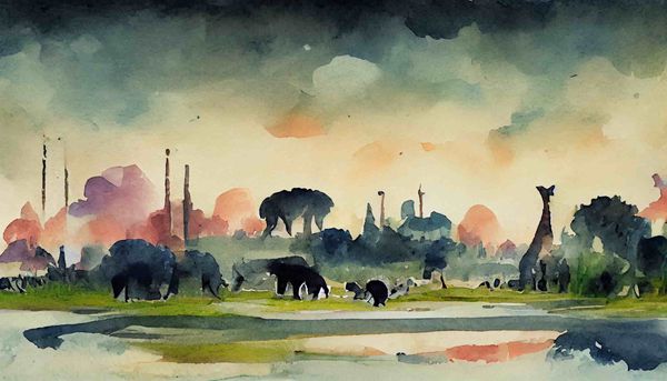 a watercolor of a zoo far off in the distance