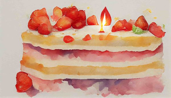 watercolor a single slice of strawberry cake with one birthday candle