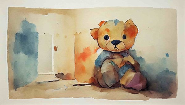 watercolor a child's teddy bear in the corner of a room