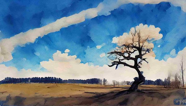 watercolor a scrawny tree without any leaves in the middle of a forest with bright blue sky and clouds in the background