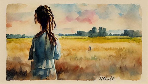 watercolor a young girl with two braids standing in a field looking off into the distance