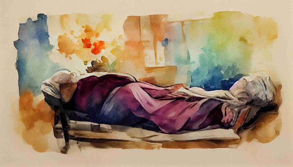 watercolor an old woman lying on a bed with 100 years of memories sad and happy at the same time