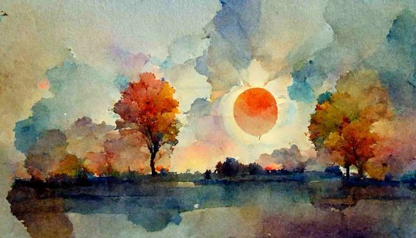 watercolor a red sun peeking between several large trees
