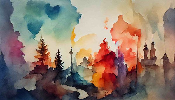 Abstract watercolor of a forest with hearts in the sky