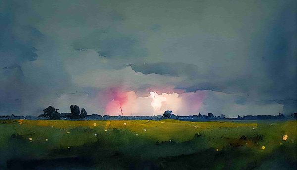 watercolor lightning far off in the distance in a field