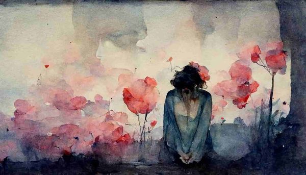 Watercolor of a sorrowful woman looking into the distance surrounded by red flowers