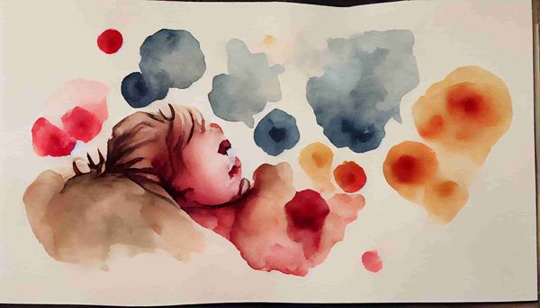 watercolor abstract a woman lying on a pillow with blotches of color surrounding her