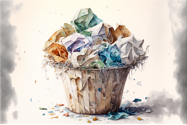 a wastepaper basket overflowing with crumpled pieces of paper, watercolor