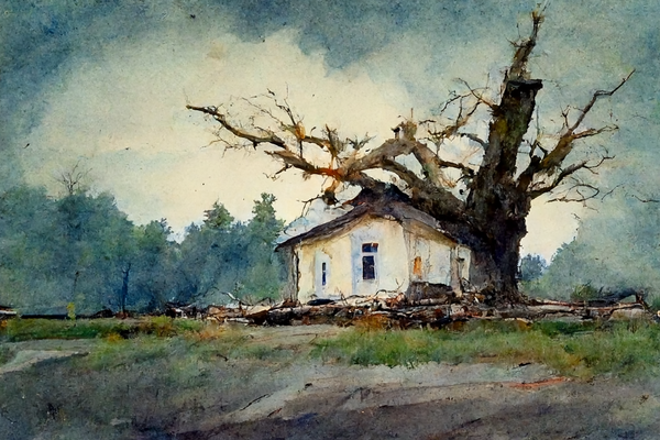 A dead tree next to a one-room schoolhouse, watercolor