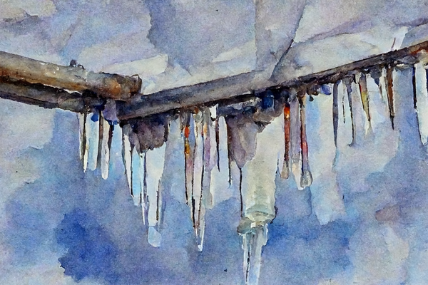 Icicles hanging from a building, watercolor