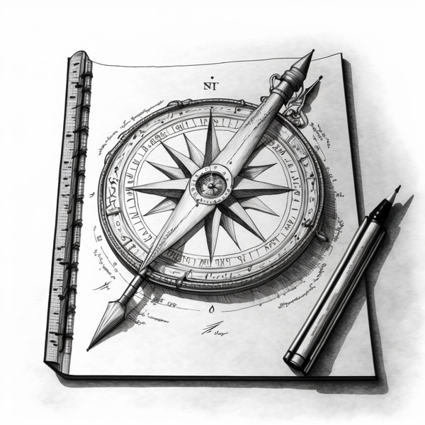 Black and white sketch drawing of a writer's compass