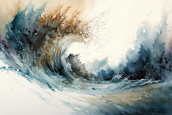 Abstract watercolor of a blue and rust colored wave