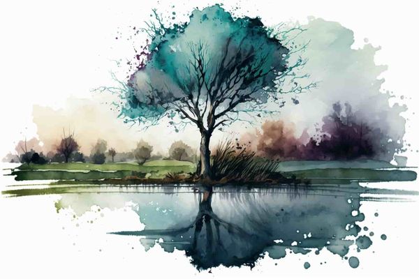 abstract watercolor illustration of a lonely tree near a small pond in a clearing