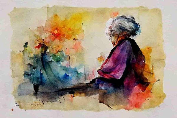 abstract watercolor of an old woman with 100 years of memories moving on from a life