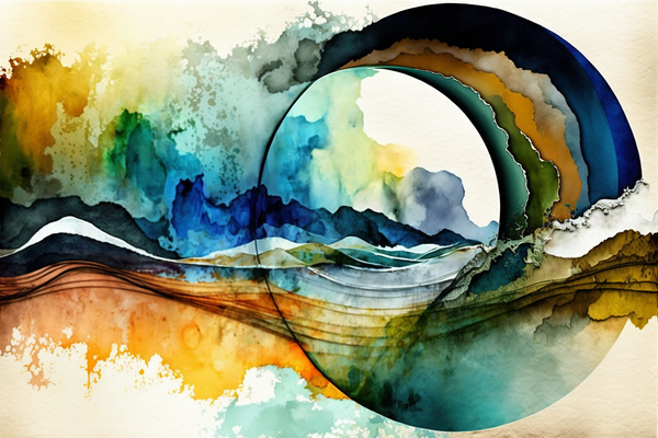 Abstract watercolor of a circle over a river