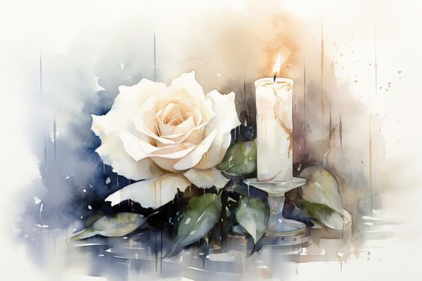 abstract watercolor illustration a white rose next to a candle