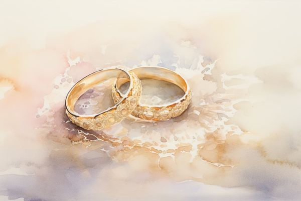 abstract watercolor illustration of two wedding rings on top of a lace doily