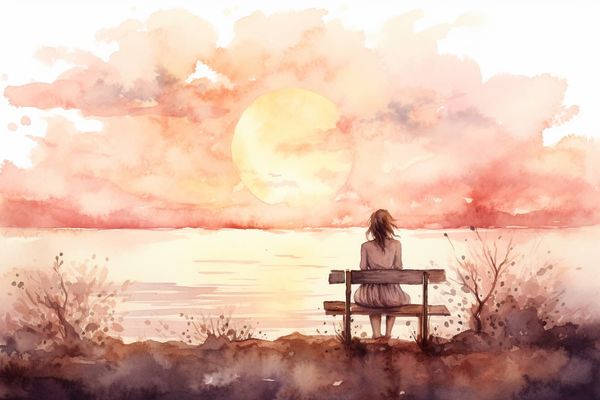 abstract watercolor illustration of a woman sitting on a bench, gazing off into the distance