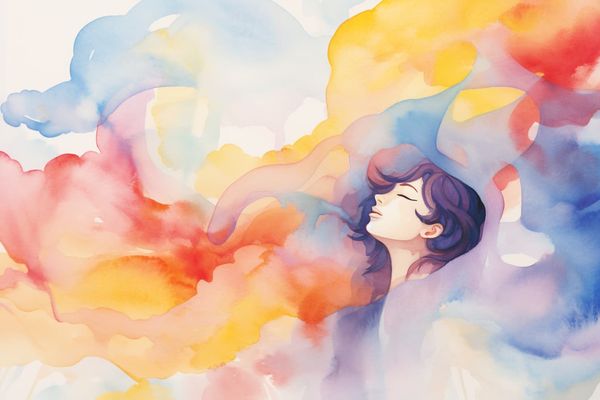 abstract watercolor illustration of a woman's face surrounded by abstract colorful clouds