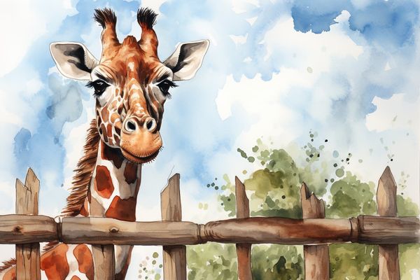 abstract watercolor illustration of a giraffe looking over the top of a fence