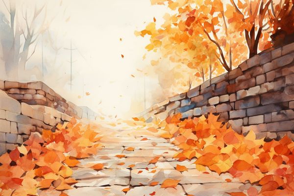 abstract watercolor illustration of a sidewalk covered in fall leaves
