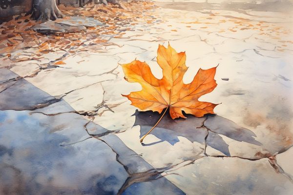 abstract watercolor illustration of a single bright orange leaf on the ground