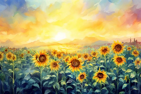abstract watercolor illustration of a sunrise over a field of sunflowers