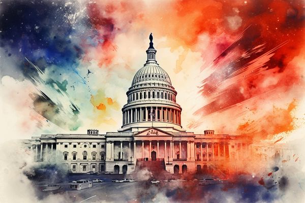 abstract watercolor illustration of the US Capitol building on fire