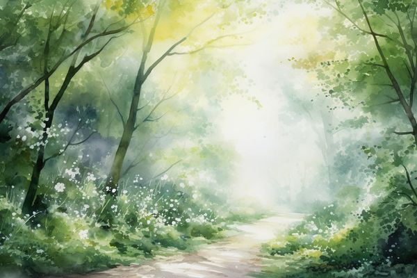 abstract watercolor illustration of the light at the end of a path in the forest 