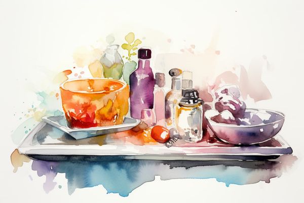 abstract watercolor illustration of the top of a bathroom sink sparsely covered with pampering items