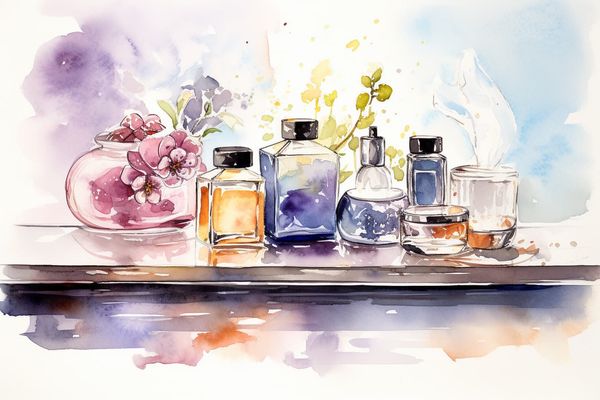 abstract watercolor illustration of the top of a counter at a spa showing soaps and perfumes