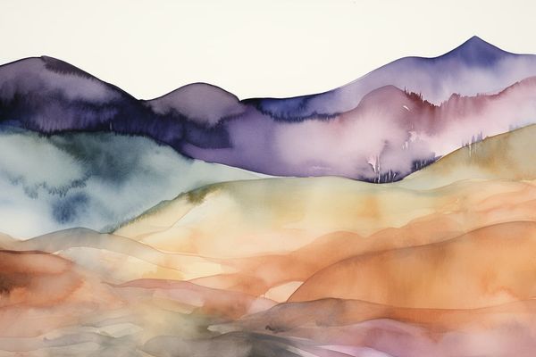 an abstract watercolor illustration of the rolling and somber hills of years past 