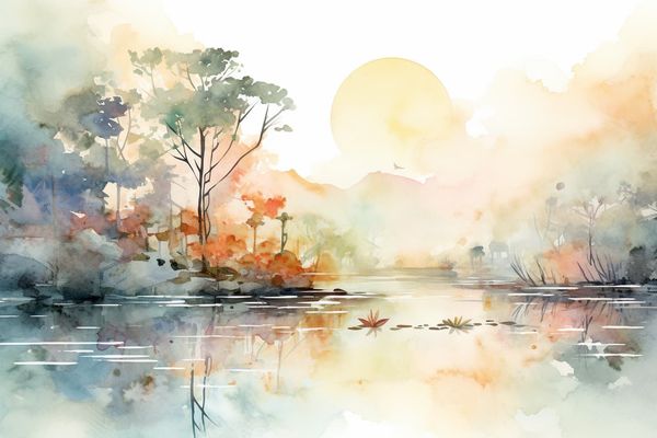 an abstract watercolor illustration looking back over a pond and looking back over time