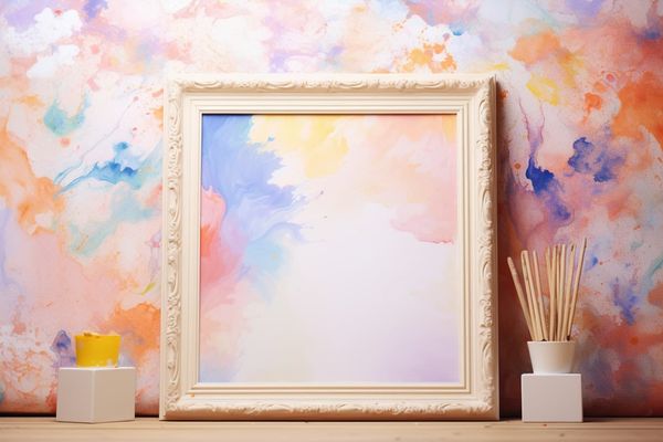an abstract watercolor illustration of an empty photo frame on top of a dresser
