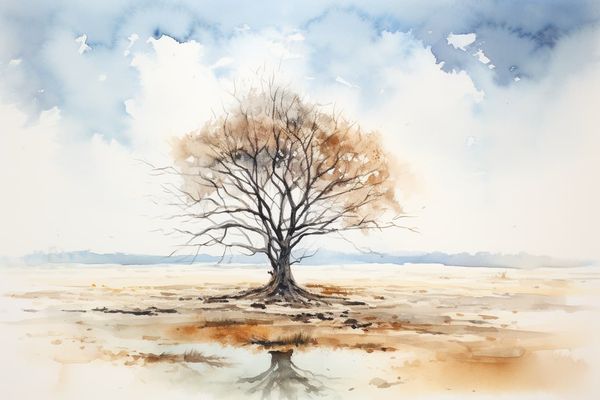 an abstract watercolor illustration of a tree in the middle of a barren field. the tree has no leaves