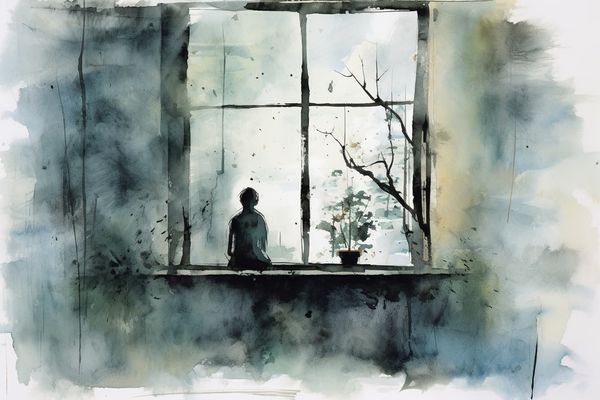 an abstract watercolor illustration looking out a window into the sad past