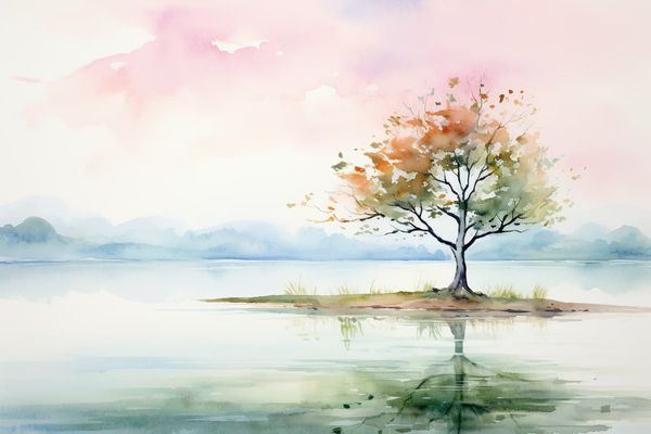 an abstract watercolor illustration a solitary tree next to a calm lake