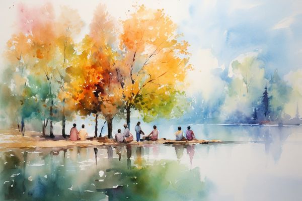 an abstract watercolor illustration of a group of people gathered by the lake with trees in the background.
