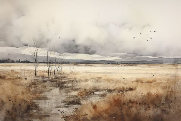 an abstract watercolor illustration of an empty, dry field under a stormy sky