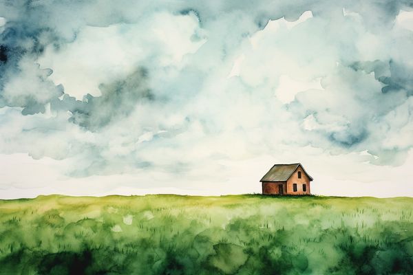 an abstract watercolor illustration of a lonely house in the middle of a field underneath a cloudy sky