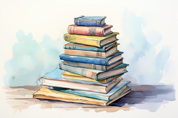 watercolor illustration of a stack of children's books on a desk